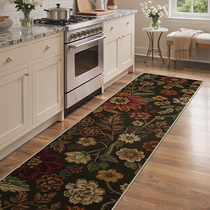 GENIMO 2X10 Washable Vintage Floral Print Runner Rug, Non-Slip Low Pile Stain Resistant Soft Chenille Carpet for Hallway Entryway Kitchen Corridor, Floral Brown