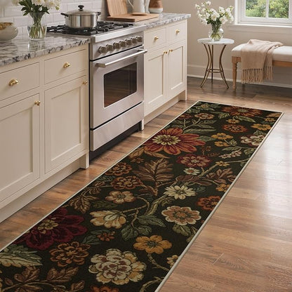 GENIMO 2X10 Washable Vintage Floral Print Runner Rug, Non-Slip Low Pile Stain Resistant Soft Chenille Carpet for Hallway Entryway Kitchen Corridor, Floral Brown