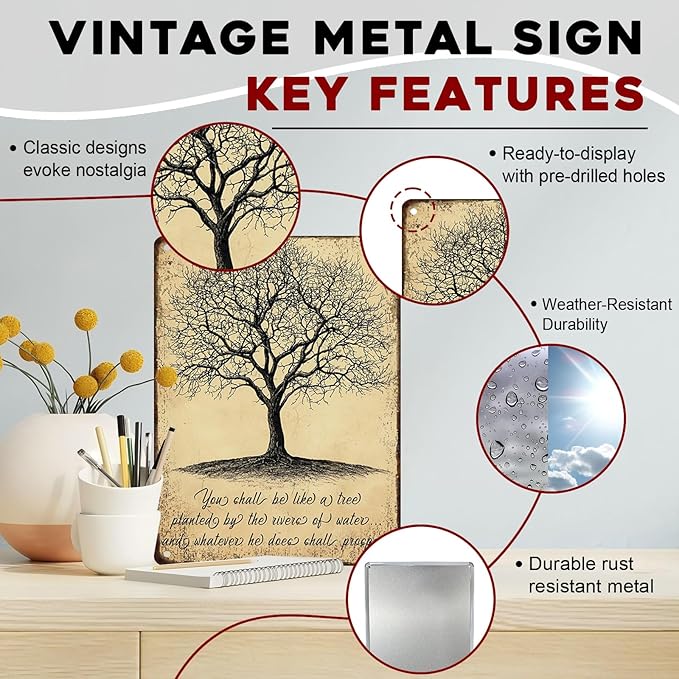 Tree of Life Vintage Metal Sign You Shall Be Like a Tree Retro Wall Art Metal Poster for Bedroom Home Kitchen Living Room 12x16inch