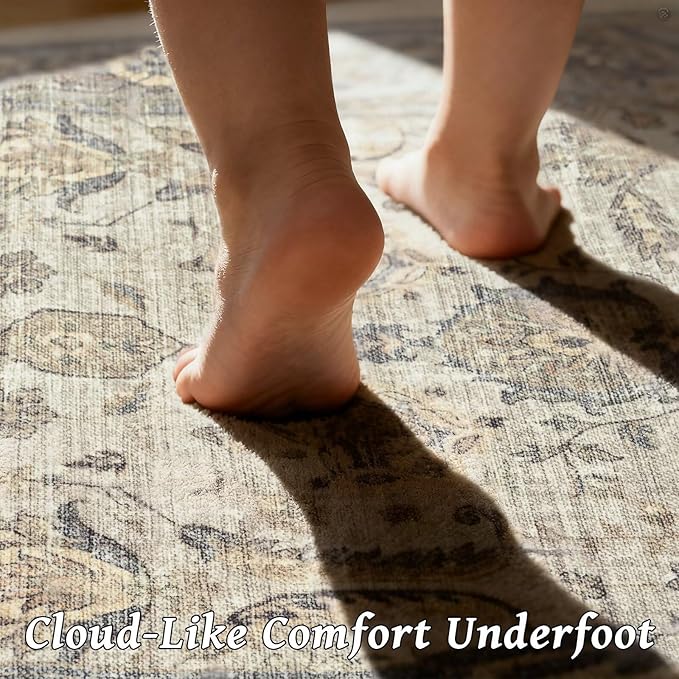 Washable 5x7 Area Rugs for Living Room, Boho Non-Slip Vintage Rugs for Bedroom Dining Room Nursery Office, 0.3" Neutral Oriental Throw Thin Carpet with Cushioning, Flaxen/Multi, B2