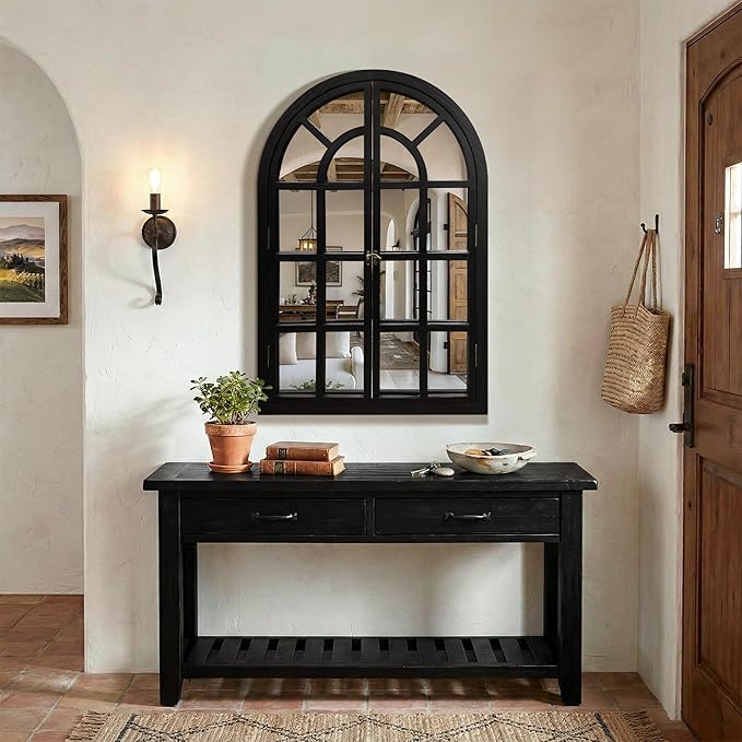 TRAHOME Arched Windowpane Mirror, 24"x36" Black Wood Frame Rustic Farmhouse Wall Mirror, Vintage Decorative Window Mirror for Living Room, Entryway, Bathroom