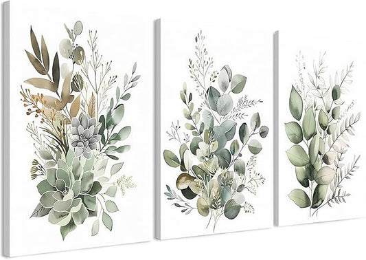 FYLDPSB 3 PCS Unframed Watercolor Floral Canvas Wall Art, Boho Sage Green Wildflower Wall Decor, Modern Flowers and plants Painting Print for Bedroom Living Room Bathroom Decorations 12''L x 16''W