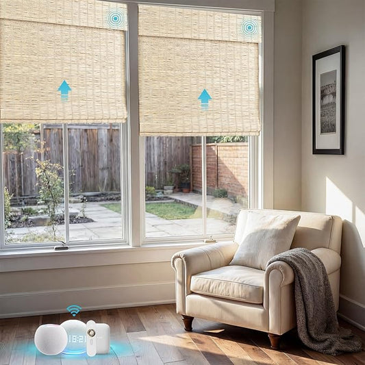 Motorized Bamboo Roman Shades, Motorized Blinds with Remote Compatible with Homekit, Alexa GoogleHome, Smart Wood Woven Shades for Indoor Windows, Customize, Tidebeam