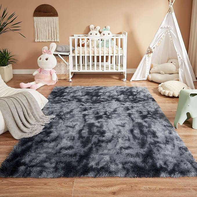 Floralux Shag Rug 5x7 for Living Room, Tie-Dyed Dark Grey, Soft Fluffy Area Rug, High-Pile Plush Indoor Carpets for Bedroom, Playroom, Nursery
