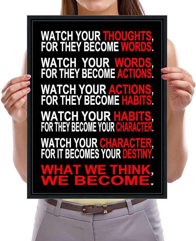 Pyradecor Black Framed Canvas Wall Art Inspirational Poster Office Positive Quotes Watch Your Thoughts Motivational Classroom Artwork for Living Room Home Decorations