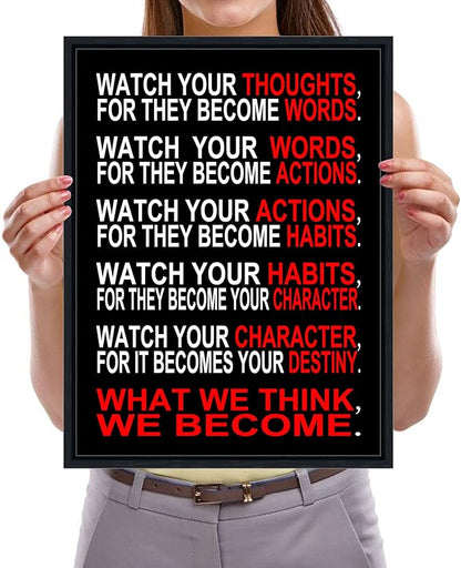 Pyradecor Black Framed Canvas Wall Art Inspirational Poster Office Positive Quotes Watch Your Thoughts Motivational Classroom Artwork for Living Room Home Decorations