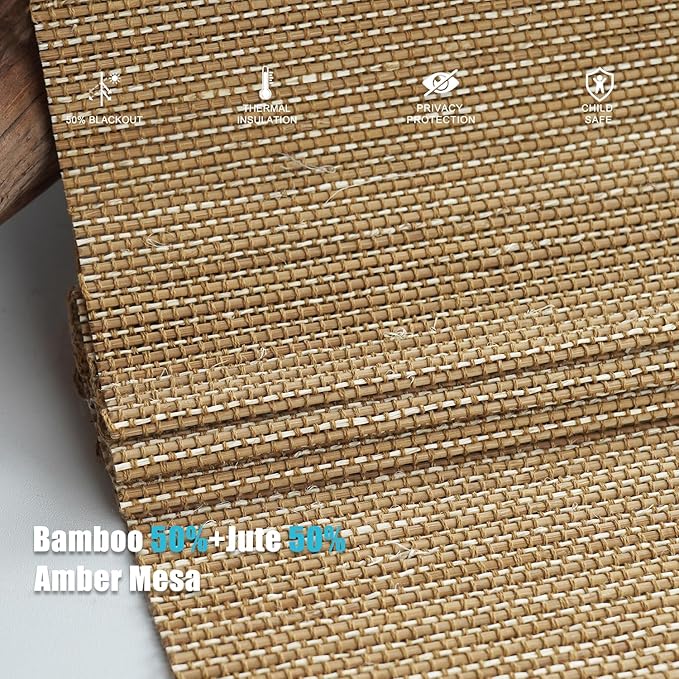 Motorized Bamboo Roman Shades, Motorized Blinds with Remote Compatible with Homekit, Alexa GoogleHome, Smart Wood Woven Shades for Indoor Windows, Customize, Amber Mesa