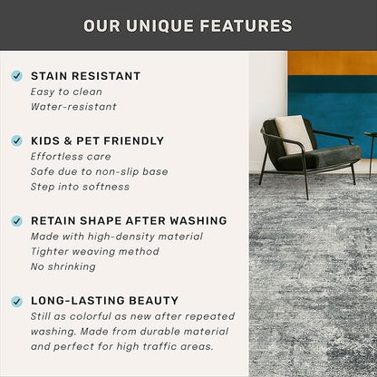 Hazo Haus Large Slate Blue Rug for Living Room - Neutral Farmhouse 9x12 Area Rug for Dining Room, Bedroom Under Bed, Non Slip with Rubber Backing & Stain Resistant Dark Gray Decor