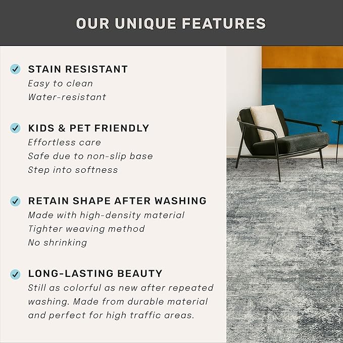 Slate Blue 2x3 Small Rugs for Entryway, Stain Resustant Waterproof Kitchen Rugs, Non Slip Washable Carpet for Bathroom, Low Pile & Soft Farmhouse Abstract Carpet