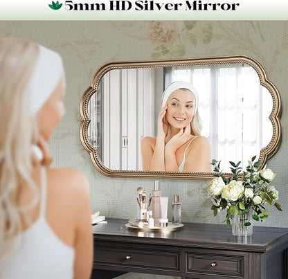 Scalloped Mirror for Bathroom, 20" x 36" Antique Wide Brass Mirror, Vintage Gold Mirrors with Beaded for Over Sink, Bedroom, Living Room, Fireplace, Entryway, Hangs Horizontally or Vertically