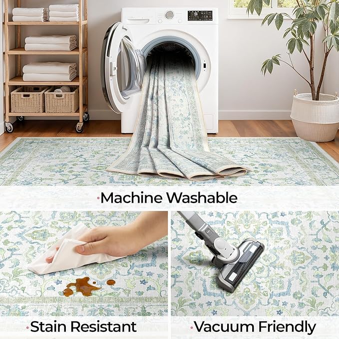 CAPALOCA Machine Washable Rugs Nursery Rug 5x7 Cute Girl Non Slip Low Pile Water Repellent Soft Print Pattern for Bedroom Indoor Decor Kids Playroom Green Blue