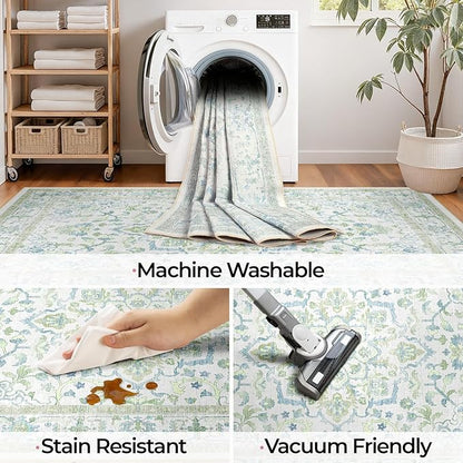 CAPALOCA Machine Washable Rugs Nursery Rug 7x9 Cute Girl Non Slip Low Pile Water Repellent Soft Print Pattern for Bedroom Indoor Decor Kids Playroom Green Blue