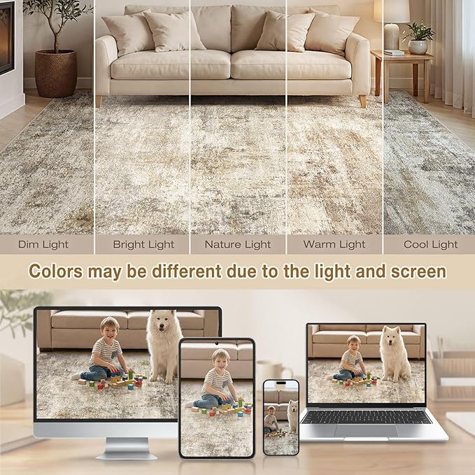 cotiled 9x12 Area Rugs for Living Room - Washable Neutral Abstract Carpet Non Slip Soft Rug for Bedroom & Dining Table, Robot Vacuum & Pet Friendly Floor Decor Brown
