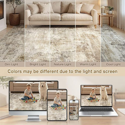 cotiled 9x12 Area Rugs for Living Room - Washable Neutral Abstract Carpet Non Slip Soft Rug for Bedroom & Dining Table, Robot Vacuum & Pet Friendly Floor Decor Brown