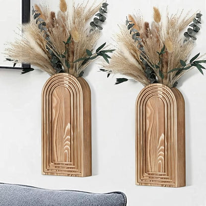 Set of 2 Wooden Wall Vases with Dried Pampas Grass & Eucalyptus, Boho Farmhouse Decor for Living Room, Entryway, Bathroom, Rustic Home Art(Brown)