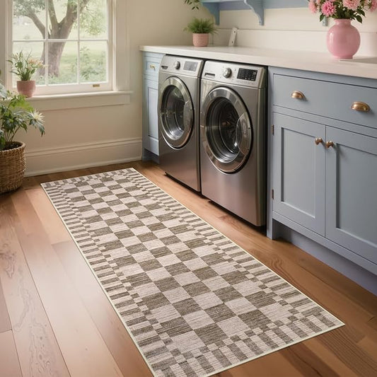GarveeHome 2×6 Kitchen Runner Rug Non Slip Brown Checkered Rug,Washable Runner Rug for Hallway Soft Low-Pile Geometric Tan Brown Print Checkerboard Rugs for Entryway Kitchen Dining Room