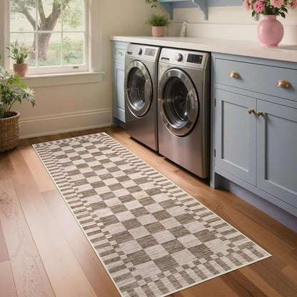 GarveeHome 2.5×8 Kitchen Runner Rug Non Slip Brown Checkered Rug,Washable Runner Rug for Hallway Soft Low-Pile Geometric Tan Brown Print Checkerboard Rugs for Entryway Kitchen Dining Room