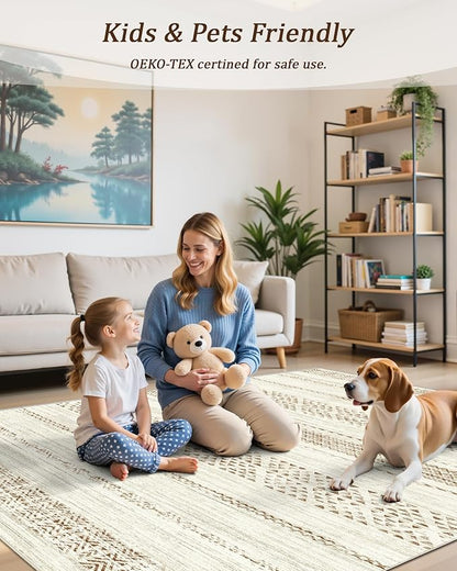 Miukiki 4x6 Area Rug for Living Room Moroccan Washable Rugs Non Slip Indoor Floor Carpet Foldable Large Soft Area Rug for Dining Room Bedroom with Low Pile(Brown,4'x6')