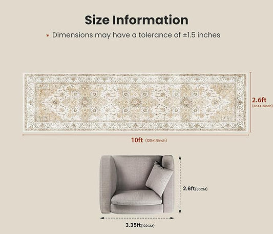 AMADA HOMEFURNISHING 2'6"x10' Washable Area Rug, Low-Profile Entryway Rug with Non-Slip Backing & Durable Edge Binding, Vintage Rug Pattern, Small Rugs for Entryway, Kitchen & Living Room