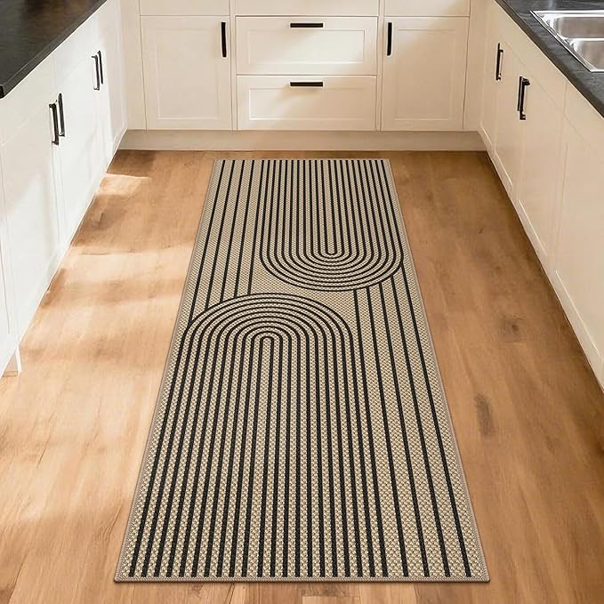 Easy Jute Hallway Runner Rug, 2' x 6' Kitchen Runner, Black Farmhouse Ultra-Thin Washable Non-Slip Carpet Runner for Laundry, Bedroom, Backyard, Outdoor, Home Decor