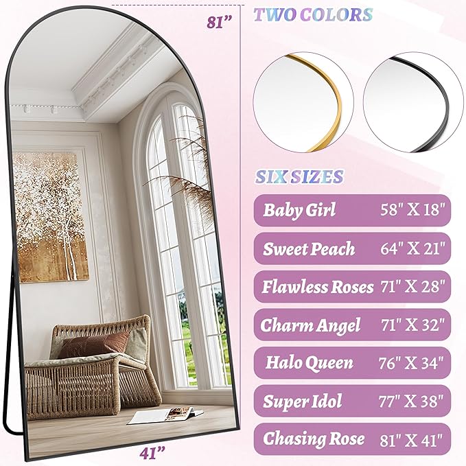 Full Length Mirror, 81"x41" Oversized Floor Mirror Freestanding, Full Body Floor Standing Mirror with Stand, Hanging Mounted for Bedroom Living Room, Black, Arched Style