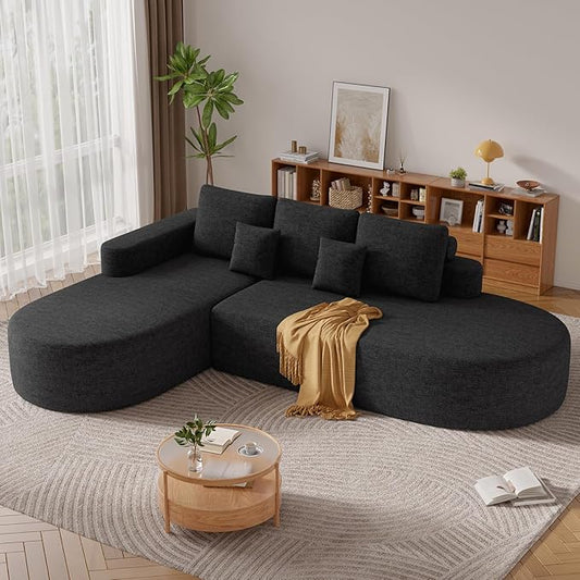 112" Modern Curved Cloud Couch, Chenille Boneless Couches for Living Room with Deep Seat, Memory Foam Compressed Modular Sectional Sofa, No Assembly Required,Black 1 PCS