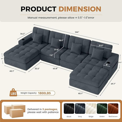 144" U Shaped Cloud Boneless Couch,Modern Modular Sectional Sofa with Layered Cushion,No Assembly Convertible Corduroy Couches for Living Room,Grey 1 PCS
