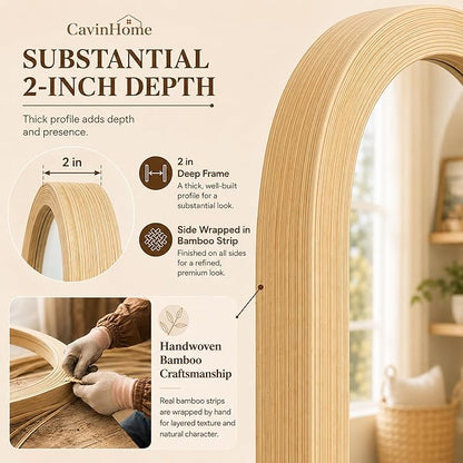 24" x 36" Arched Bamboo Wall Mirror, Handwoven Natural Frame with 2-Inch Deep Textured Profile, Decorative Boho Mirror for Entryway, Bedroom, Living Room