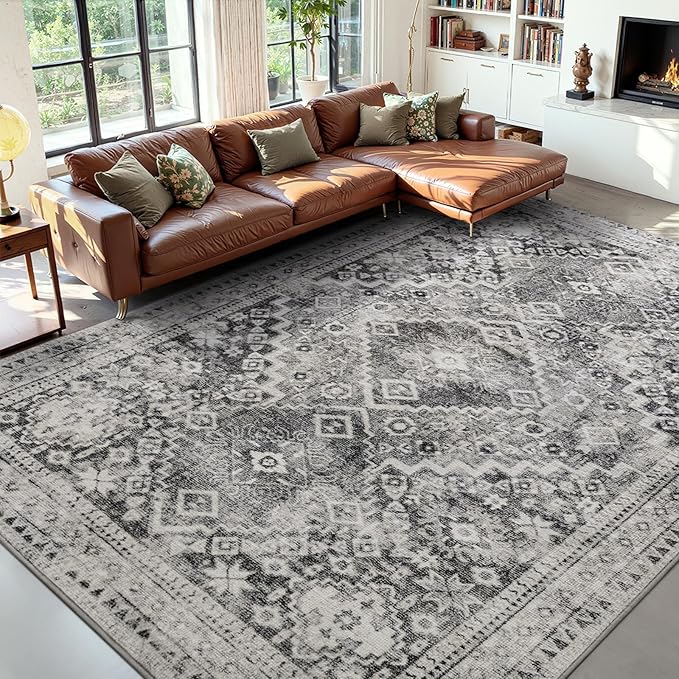 YOH Boho Washable Rug 8x10, Taupe Gray Vintage Non Slip Area Rug, Distressed Indoor Carpet for Living Room Bedroom Kitchen Office