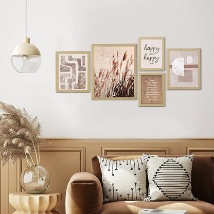 ArtbyHannah Gallery Wall Frame Set, 5 Piece Neutral Picture Frames Collage Set with Art Prints for Stairway Living Room Wall Decor, Multi-Size 11''x14'' 8''x10'' 6''x8''