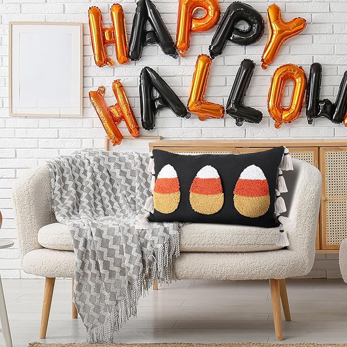 Yuntau Halloween Throw Pillow Cover with Tassels 12 x 20 Inch Decorative Candy Corn Pillowcase Embroidery Furry Plush Candy Corn Cushion Cover Halloween Decorations for Home Sofa Couch Bedroom Outdoor