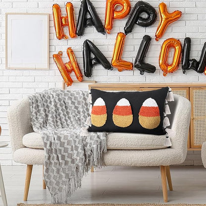 Yuntau Halloween Throw Pillow Cover with Tassels 12 x 20 Inch Decorative Candy Corn Pillowcase Embroidery Furry Plush Candy Corn Cushion Cover Halloween Decorations for Home Sofa Couch Bedroom Outdoor