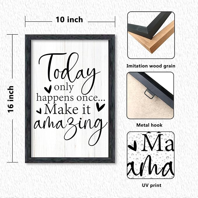 AuraPeak Today Only Happens Once Make It Amazing Inspirationa Quotes Office Wall Decor, Motivational Sayings Frame Rustic Home Living Room Laundry Room Wall Art Hanging (Black 16"×10")
