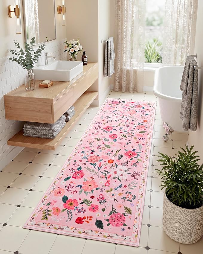 Macgace Pink Floral Runner Rug, 2x8 Flowers Printed Washable Rugs with Non Slip Backing for Girls Bedroom Kitchen Hallway, Cute Carpet Runners Home Aesthetic Decor