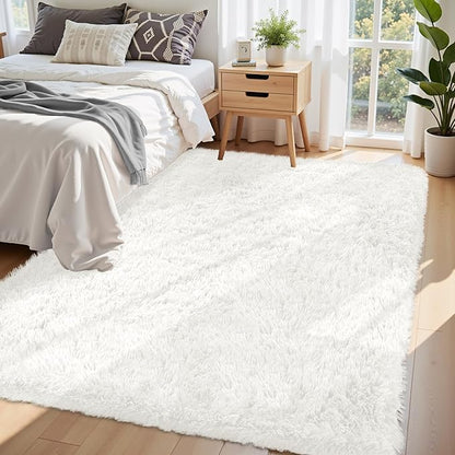 6x9 Area Rug for Living Room:Ultra Soft Fluffy Shag White Rugs,Large Fuzzy Plush Indoor Non Slip Carpet Washable Rug for Bedroom Kids Nursery Office Dorm Modern Decor(White 6'x9')