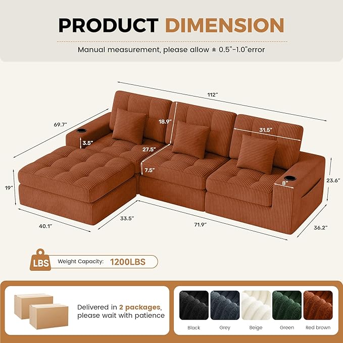 112" L Shaped Cloud Boneless Couch,Modern Modular Sectional Sofa with Layered Cushion,No Assembly Convertible Corduroy Couches for Living Room,Caramel 1 PCS