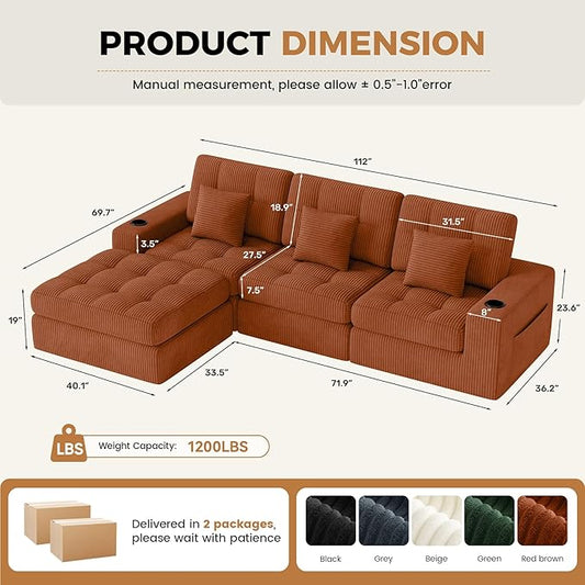 112" L Shaped Cloud Boneless Couch,Modern Modular Sectional Sofa with Layered Cushion,No Assembly Convertible Corduroy Couches for Living Room,Caramel 1 PCS