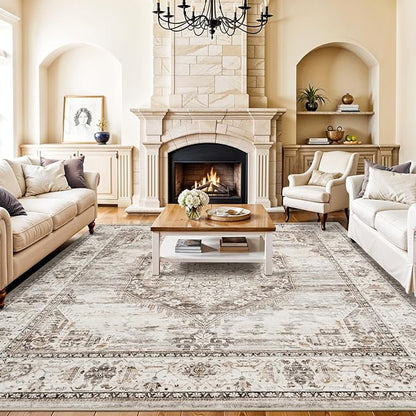 8x8 Area Rug Washable Living Room Rugs: 8ft Square Ultra Thin Soft Oriental Area Rugs Non-Slip Backing Farmhouse Rug Low Pile Thin Stain Resistant Indoor Carpets, 8' x 8' Beige