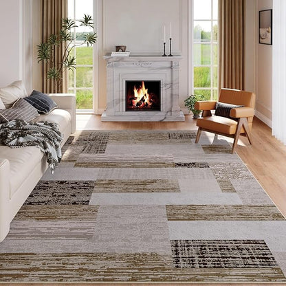 FlyDOIT Modern Geometric Patchwork Area Rug, 4x6 Beige Large Rugs for Living Room, Rockwood Collection Indoor Rugs for Bedroom, Throw Carpet Floor Decor for Entryway Dining Room Office Nursery