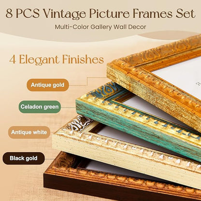 Novabright 8 Pcs Multicolor Vintage Picture Frames Gallery Wall Frame Set Antique Collage Photo Decor for Wall Mounting or Tabletop Display Multi Sizes for Gallery Living Room (8x10, 5x7, 4x6)