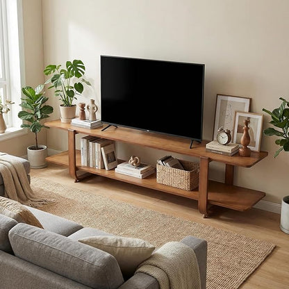 55" Bamboo TV Stand for 65 inch TV, Media Console Table with 2-Tier Shelves, Mid-Century Entertainment Center for Living Room, Bedroom, Walnut