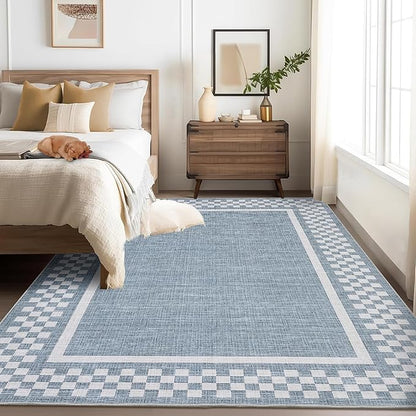 GarveeHome Area Rug 9x12 Living Room Rug Modern Bordered Soft Large Area Rugs for Bedroom Washable Checkered Dining Room Throw Carpet Non Slip Stain Resistant Geometric Rugs for Home Office, Blue