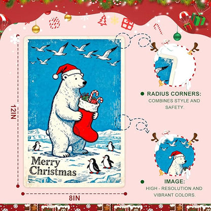Christmas Metal Tin Sign 8x12 Inch - Merry Christmas Arctic Bear & Penguin Holiday Decor For Indoor Outdoor Use, Festive Wall Decoration For Home, Office, Xmas Tree Ornament Gift