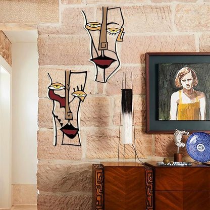 ESTART 2 Pieces Abstract Faces Metal Wall Decor, Modern Minimalist Single Line Geometric Hanging Wall Art, Colorful Metal Wall Sculptures for Home Living Room Bedroom Bathroom Kitchen, 24x15.7 IN