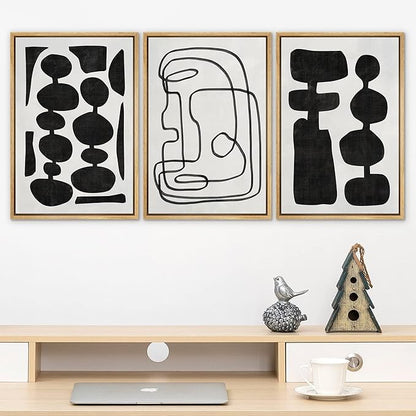 SIGNLEADER Framed Canvas Print Wall Art Set Retro Mid-Century Boho Duotone Collage Abstract Shapes Illustrations Minimal Decorative Bohemian Nordic for Living Room, Bedroom, Office - 24"x36"x3 NATURAL