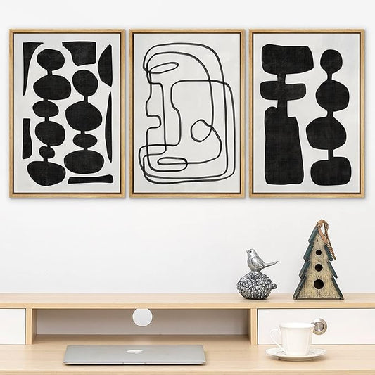 SIGNLEADER Framed Canvas Print Wall Art Set Retro Mid-Century Boho Duotone Collage Abstract Shapes Illustrations Minimal Decorative Bohemian Nordic for Living Room, Bedroom, Office - 24"x36"x3 NATURAL