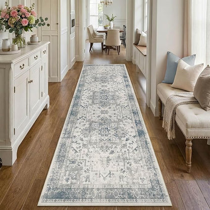 Rugxara 2'6" x 8' Hallway Runner Rug, Non Slip Boho Runner Rugs for Hallway, Kitchen, Entrance, Bathroom, Laundry Room, Soft Ultra-Thin Entryway Carpet, Throw Low Pile Retro Carpet, Blue/Grey