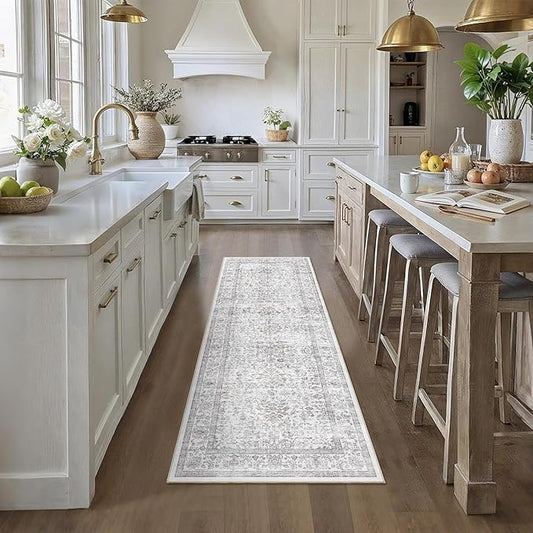 2x6 Gray Runner Rug Hallway Non Slip Washable Area Rugs Kitchen Soft Vintage Boho Long Rug Distressed Floral Carpet Indoor Low Pile Throw Rug for Bedroom Bathroom Laundry Dining Room Office