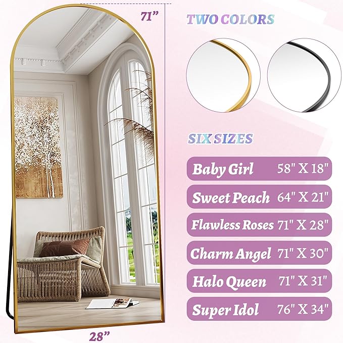 71"×32" Arched Full Length Floor Mirror, Standing Mirror with Aluminum Frame, Large Body Mirror of Free Standing/Wall Mount/Leaning for Bedroom, Living Room, Dressing Room, Gold