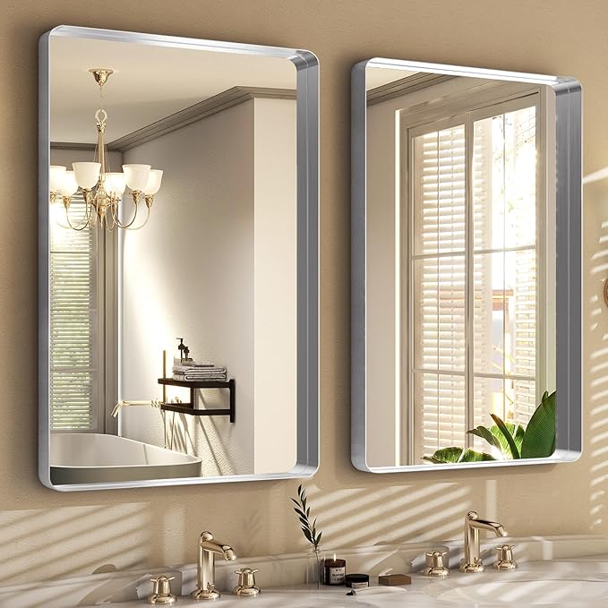 Easly Silver Bathroom Mirror for Wall, 30x22 Inch Rectangular Aluminum Alloy Framed Mirror, Modern Wall Mounted Vanity Mirror for Bathroom, Vertical or Horizontal